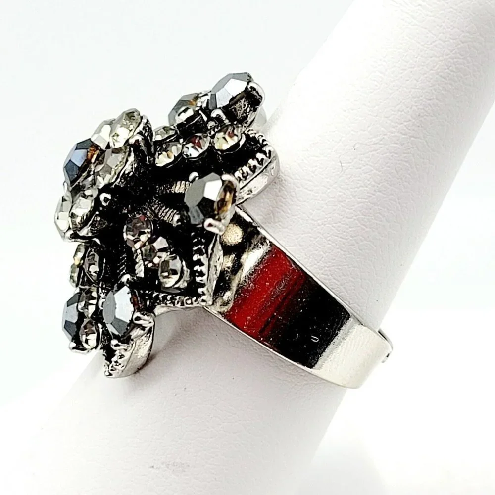 Rhinestone Burst Bypass Ring Adjustable One Size Silver Tone Smoky Stones EUC